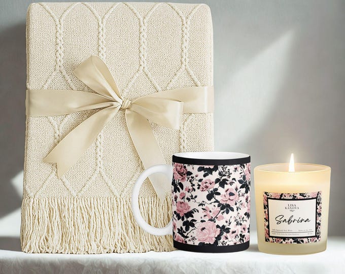 Toile Blanket, Mug & Candle Gift Set, Pink and Gray Palette
