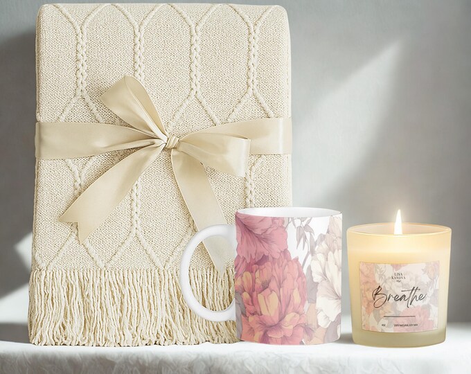 Cozy Gift Set • Tassel Blanket, Soy Candle & Ceramic Mug