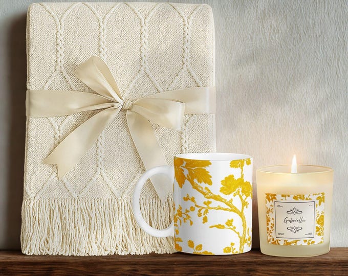 Luxury Personalized Gift Set • Tassel Blanket, Soy Candle & Ceramic Mug