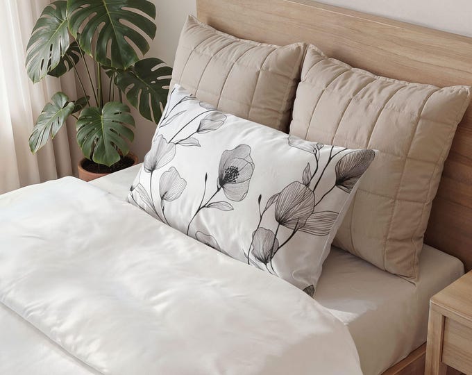 Monochrome Poppy Floral Pillow Sham | Botanical Black White Cushion Cover