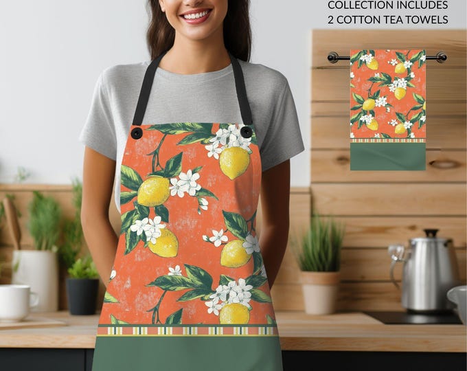 Designer Kitchen Collection | Apron and Two Cotton Tea Towels in Tuscan Lemon Terracotta