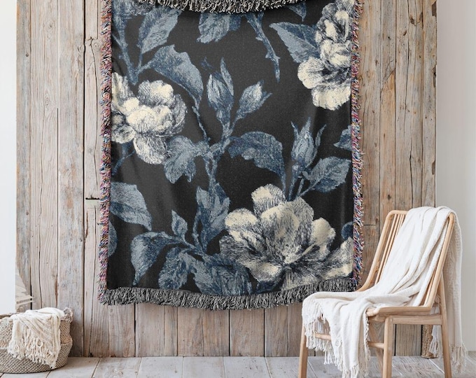 Statement Heirloom Cotton Woven Throw,  A Bold, Curated Textile for Modern Interiors in Heritage Blue at Dusk