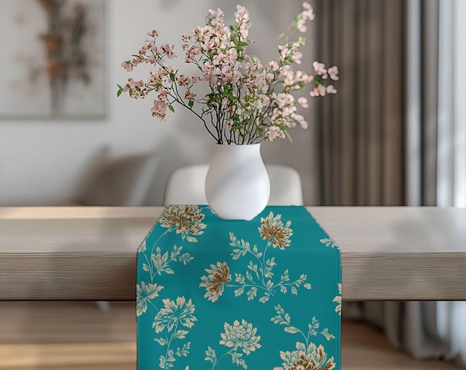 100% Cotton Twill Designer Cotton Table Runner in Memories in Teal by Lisa Kanova from The Heritage Toile Collection