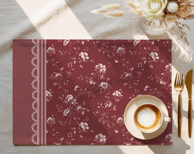 Exclusive Designer Pattern Placemat | 100% Cotton Twill in Courtyard Merlot Garden