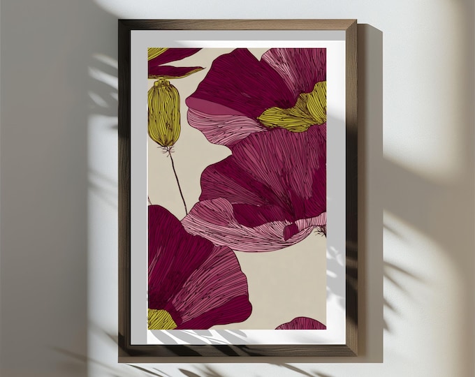 Oversized Poppy Line Art Print, Modern Floral Wall Decor (Digital Download)