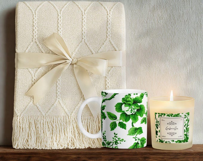 Luxury Personalized Gift Set • Tassel Blanket, Soy Candle & Ceramic Mug
