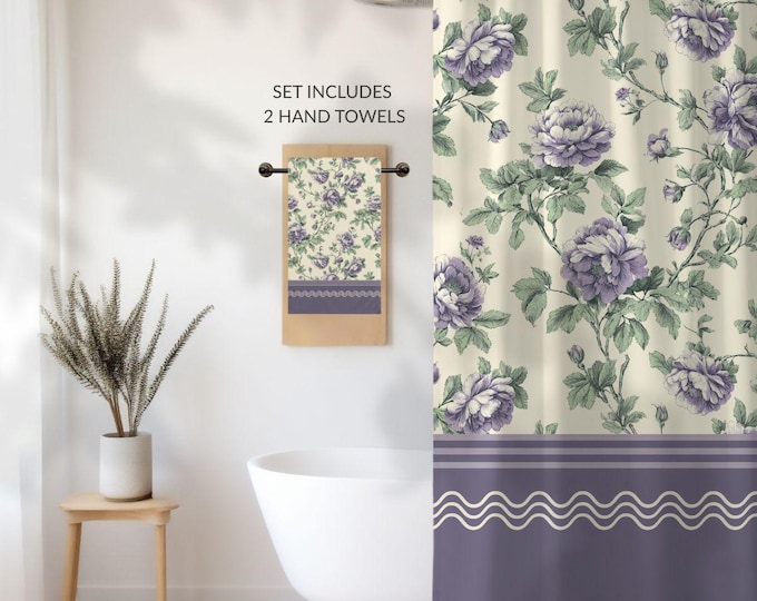 Designer Toile Bath Set • Vintage Floral Shower Curtain and 2 Hand Towels in Afternoon Garden
