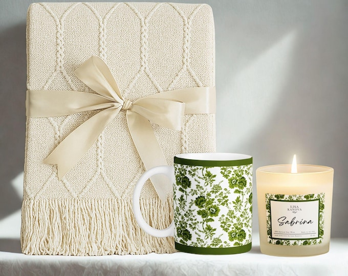 Luxury Blanket, Mug & Candle Gift Set • Exclusive Kanova Toile Collection • Personalized Gift Box