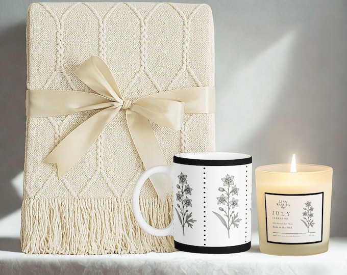 Birth Month Flower Gift Set · Ivory or Blush Tassel Blanket, Fine Art Mug & Matching Candle in July Larkspur