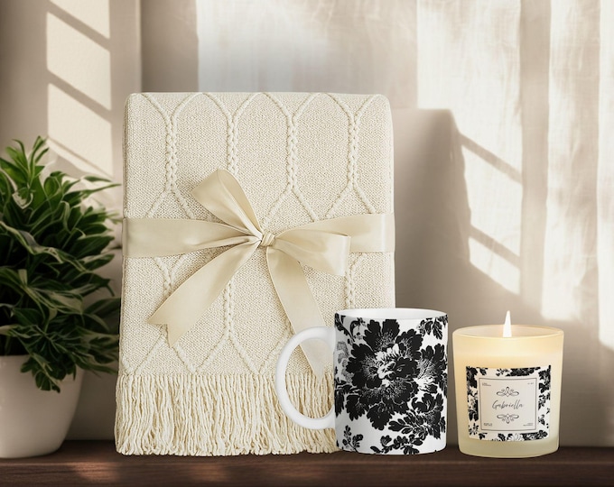 Luxury Personalized Gift Set • Tassel Blanket, Soy Candle & Ceramic Mug