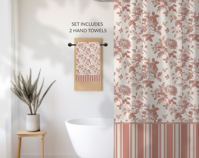 Blush Floral Shower Curtain Set – Vintage Toile, Cottagecore Bathroom Decor