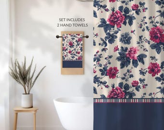Designer Toile Bath Set • Vintage Floral Shower Curtain and 2 Hand Towels in Joyful Garden