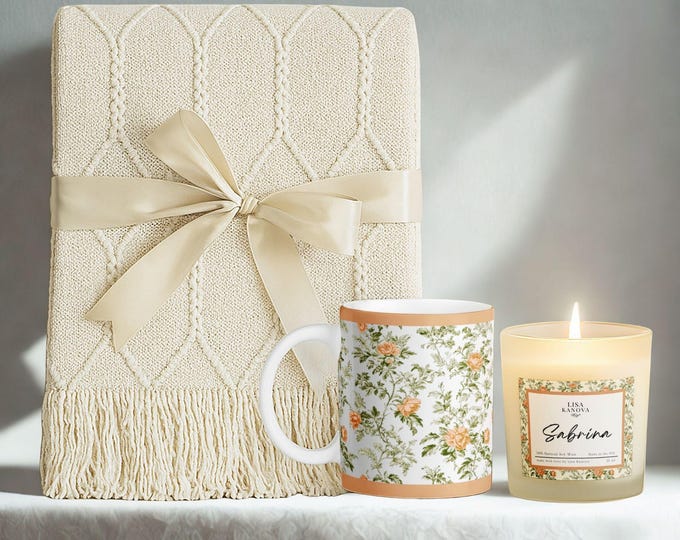 Kanova Toile Blanket, Mug & Candle Gift Set, Personalized Gift Box