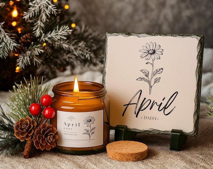 Birth Flower Gift Set • Candle & Slate Stone • April Daisy • Birthday • Holiday • Keepsake Home Decor