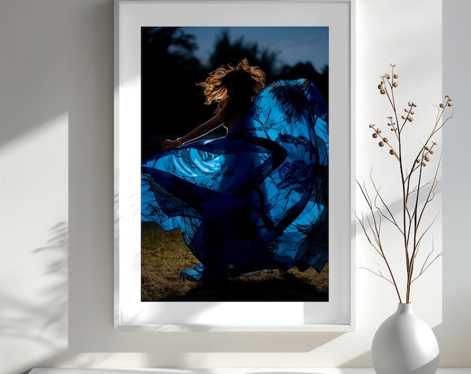 Cinematic Sapphire Blue Floral Silhouette Art Print (24x36 Printable)