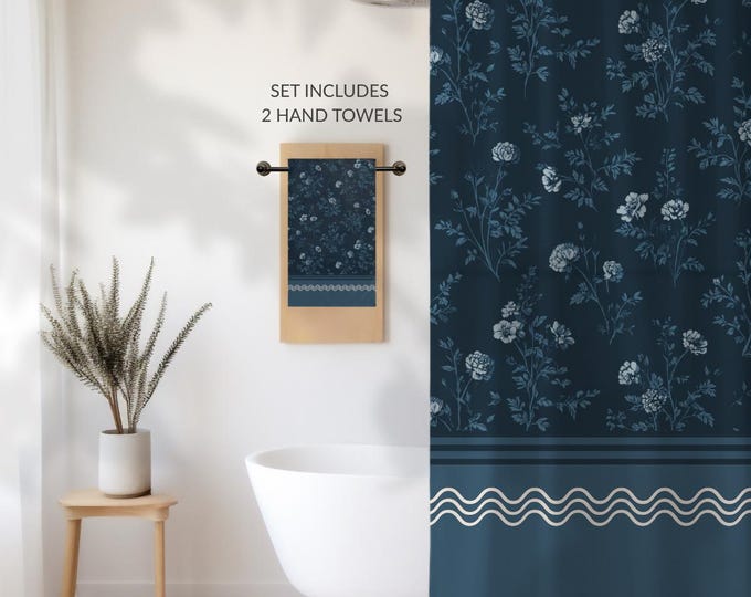 Designer Toile Bath Set • Vintage Floral Shower Curtain and 2 Hand Towels in Manor Navy Blue