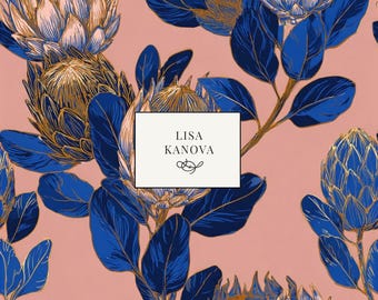 Afternoon Tea in the Parlour | Exclusive License | Cobalt Blue and Muted Pink Floral Seamless Repeat Pattern | Lisa Kanova Surface Design