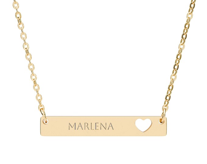 Engraved Stainless Steel Bar Necklace, Cutout Heart, Personalized Name Pendant