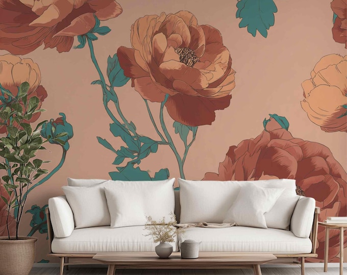 On the Bench in the Garden | Wall Mural Digital Download, Large Floral Print File, Bold Home Decor, Interior Design, Maximalist Wall