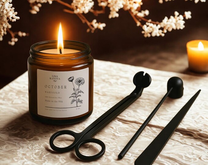 Luxury Candle Care Set, Soy Candle, Black Wick Trimmer, Snuffer | October Marigold