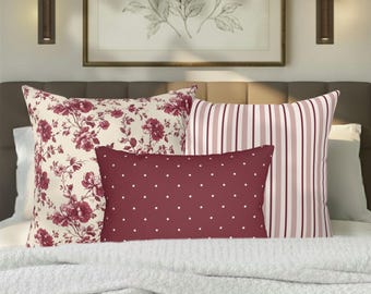 Kanova Designer Pillow Trio – Toile + Stripe + Dotted Lumbar | 2 x 20" Pillows + 20x14 Lumbar | Vintage Bedding | Bordeaux Heirloom Set