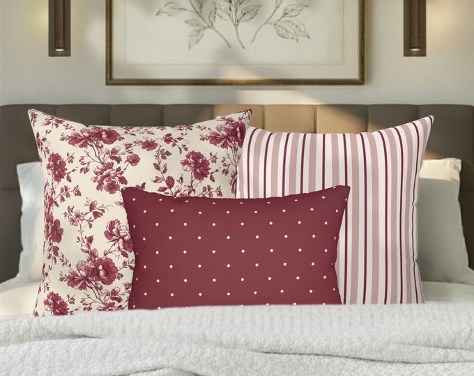 Kanova Designer Pillow Trio – Toile + Stripe + Dotted Lumbar | 2 x 20" Pillows + 20x14 Lumbar | Vintage Bedding | Bordeaux Heirloom Set