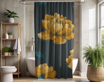 Golden Peony Floral Shower Curtain | Dark Teal Background, Botanical Bathroom Decor