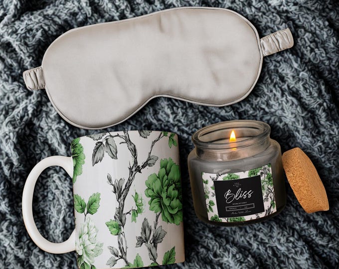 Self-Care Gift Box – Gray Silk Sleep Mask, Soy Candle & Ceramic Mug Set