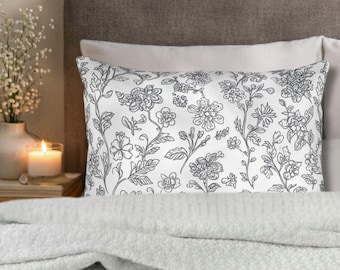 Hand-Drawn Floral Pattern Cotton Pillow Sham | Black and White Botanical