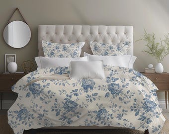 Cotton Duvet Cover Set with Reversible Pillow Shams – Blue Garden Collection