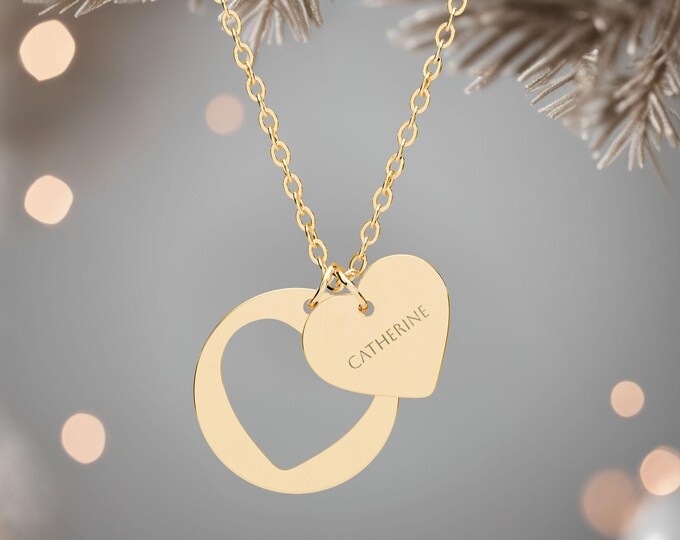 Heart Cutout Necklace, Personalized Engraved Name Charm, Romantic Gift