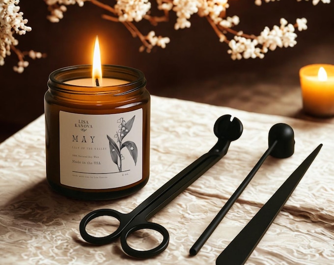 Luxury Candle Care Set, Soy Candle, Black Wick Trimmer, Snuffer | May Lily of the Valley