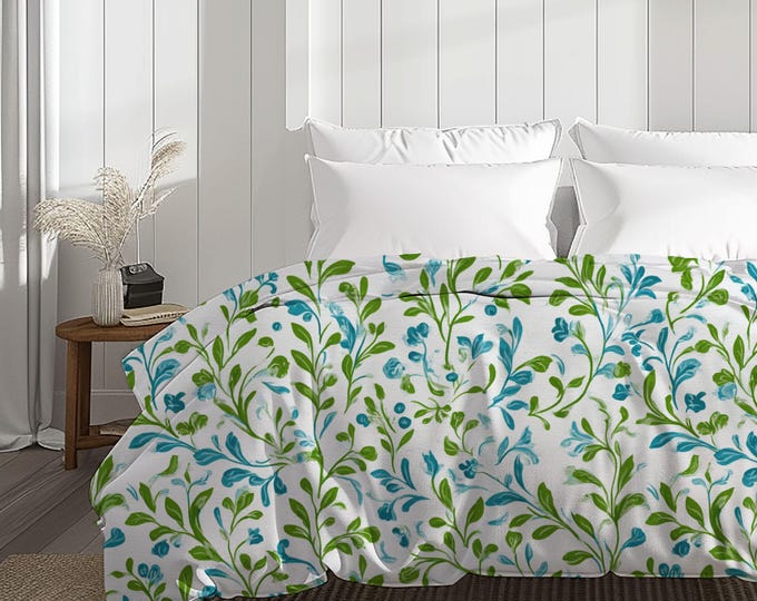 Blue & Green Floral Cotton Duvet Cover | Botanical Bedroom Decor