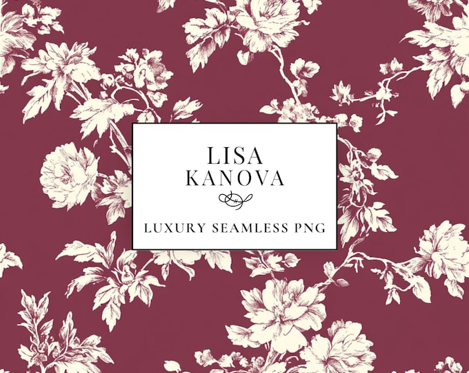 Floral Seamless Pattern, Crimson Red, Vintage Etching (PNG Digital Download)