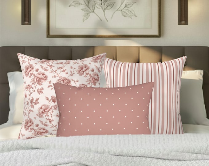 Kanova Designer Pillow Trio – Toile + Stripe + Dotted Lumbar | 2 x 20" Pillows + 20x14 Lumbar | Vintage Bedding | Blush Cottage Set