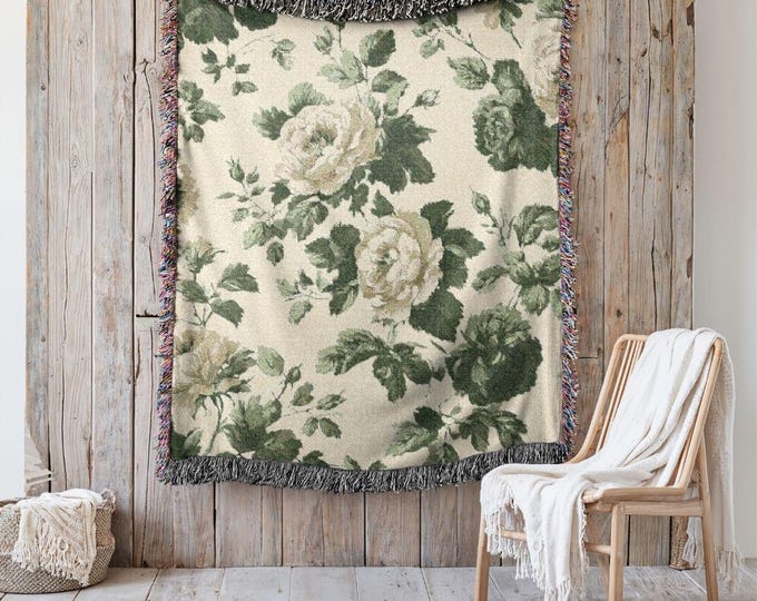 Statement Heirloom Cotton Woven Throw,  A Bold, Curated Textile for Modern Interiors in Perfect Garden Green Toile