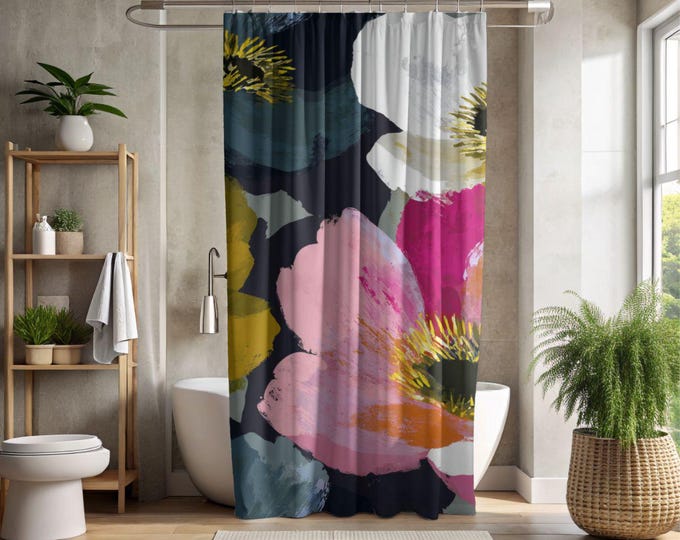 Bold Floral Shower Curtain | Large Painterly Poppy Print