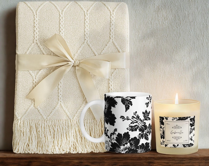 Luxury Personalized Gift Set • Tassel Blanket, Soy Candle & Ceramic Mug