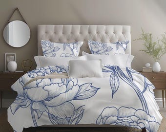 Cotton Duvet Cover Set with Reversible Pillow Shams – Oversized Floral Outline Bedding