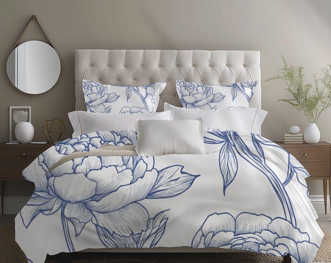 Cotton Duvet Cover Set with Reversible Pillow Shams – Oversized Floral Outline Bedding