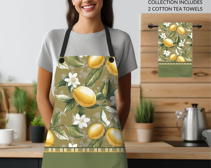Designer Kitchen Collection | Apron and Two Cotton Tea Towels in Tuscan Lemon Taupe