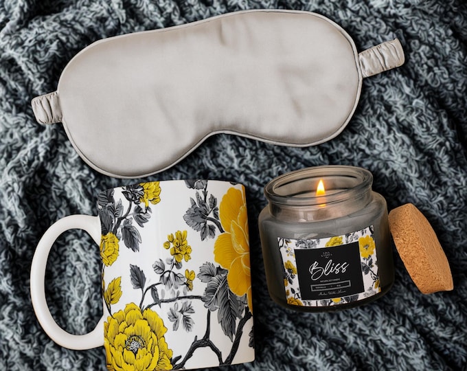 Self-Care Gift Box – Gray Silk Sleep Mask, Soy Candle & Ceramic Mug Set