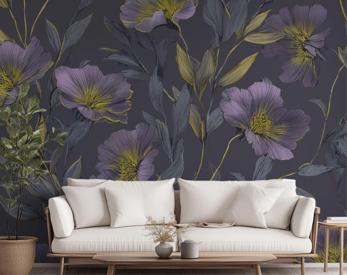 Midnight Iris Garden | Wall Mural Digital Download, Large Floral Print File, Bold Home Decor, Interior Design, Maximalist Wall