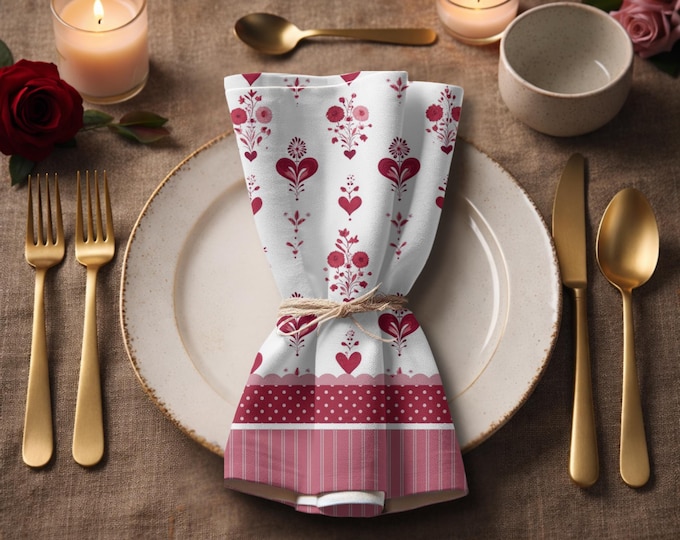 Designer Set of 4 - 100% Cotton Twill 22" x 22" Modern Heirloom Napkins in Vintage Valentine