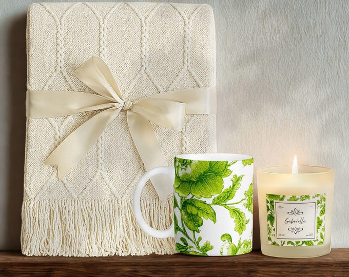 Luxury Personalized Gift Set • Tassel Blanket, Soy Candle & Ceramic Mug