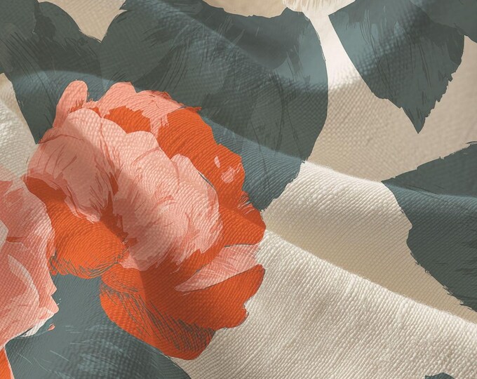 Late Afternoon Summer Soiree | Pima Cotton Bold Botanical Pattern by Lisa Kanova Deep Orange, Charcoal and Ivory