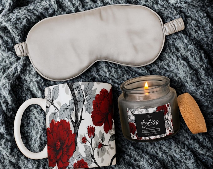 Self-Care Gift Box – Gray Silk Sleep Mask, Soy Candle & Ceramic Mug Set