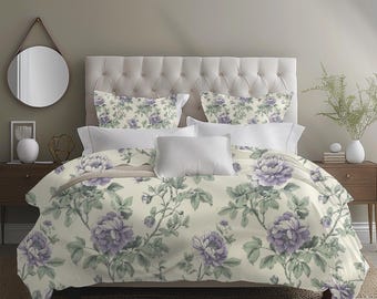 Cotton Duvet Cover Set with Reversible Pillow Shams – Lavender Garden Collection