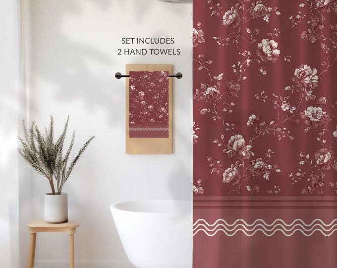 Designer Toile Bath Set • Vintage Floral Shower Curtain and 2 Hand Towels in Manor Merlot