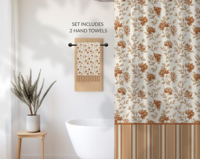 Terracotta Toile Bath Set – Vintage Floral Shower Curtain, 2 Hand Towels
